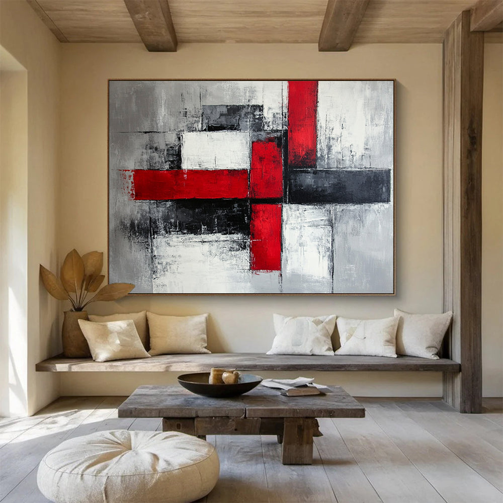 Red Black and Gray Abstract Painting with Cross Forms DYP397