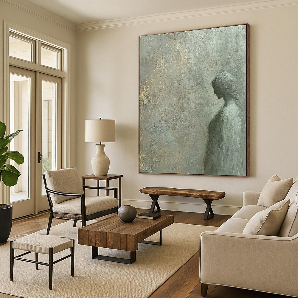 A large abstract painting featuring a flat gray wall texture with subtle noise and color variations in the style of oil painting by Leonardo da Vinci.STSC997