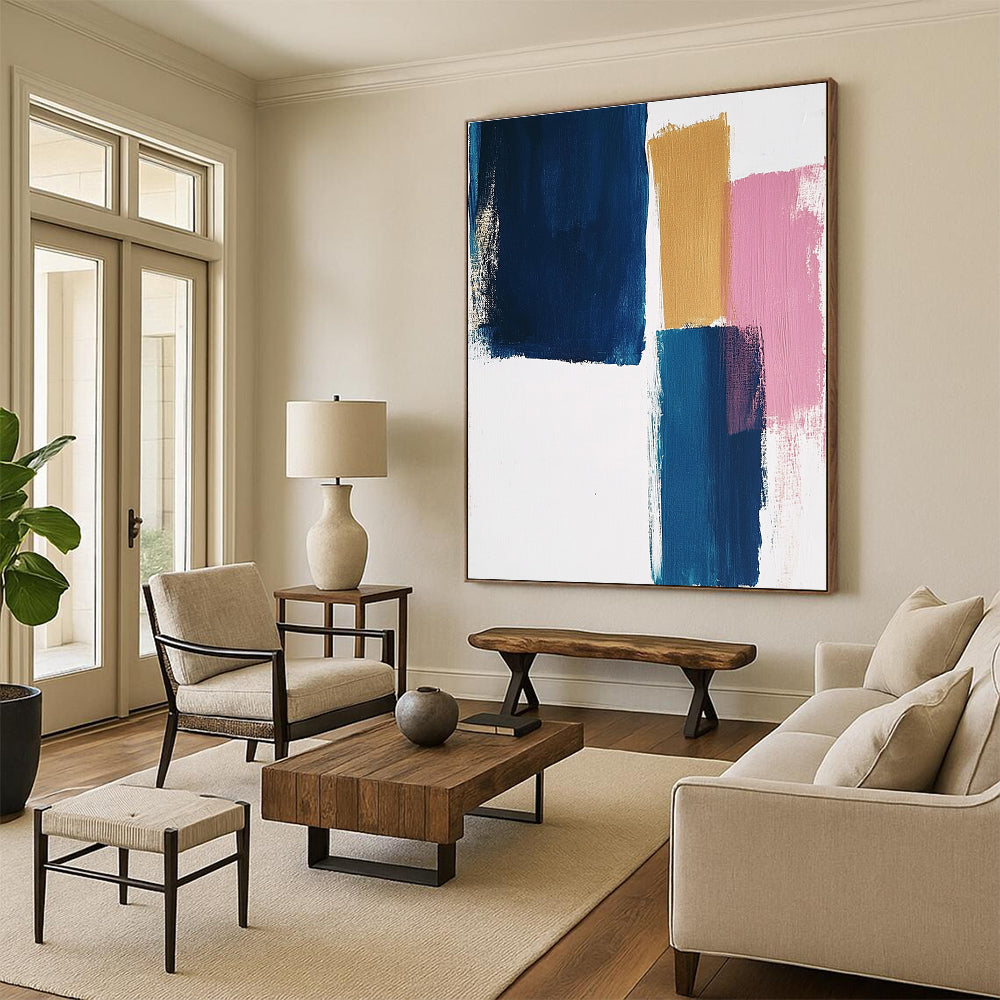 Large abstract painting featuring thick brush strokes on a white background with blocks of blue mustard and pastel pink colors.STSC1343
