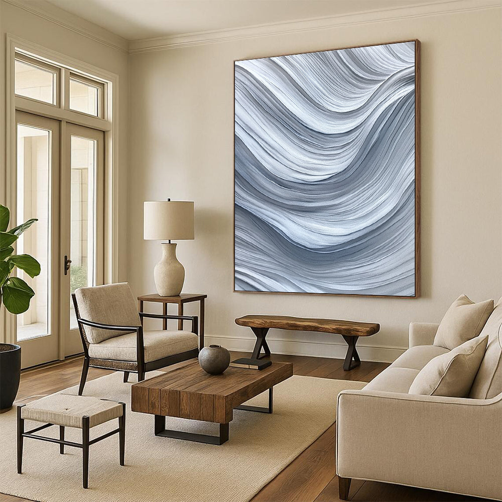 Gray and White Wave Abstract Painting with Flowing Textures GER075
