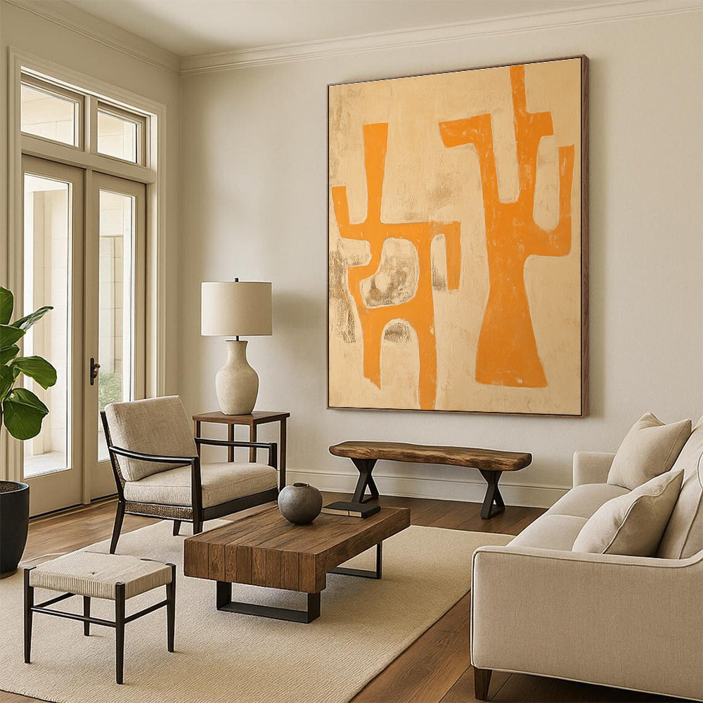 Large abstract painting featuring an animal in light orange and beige tones with primitive figures capturing Jean-Paul Riopelle's unique style.STSC1109