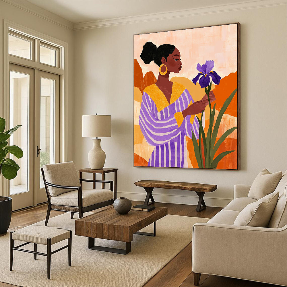 A large abstract painting featuring an African American woman with an iris flower in a vibrant desert landscape, styled with vintage aesthetics and textured elements.STSC535