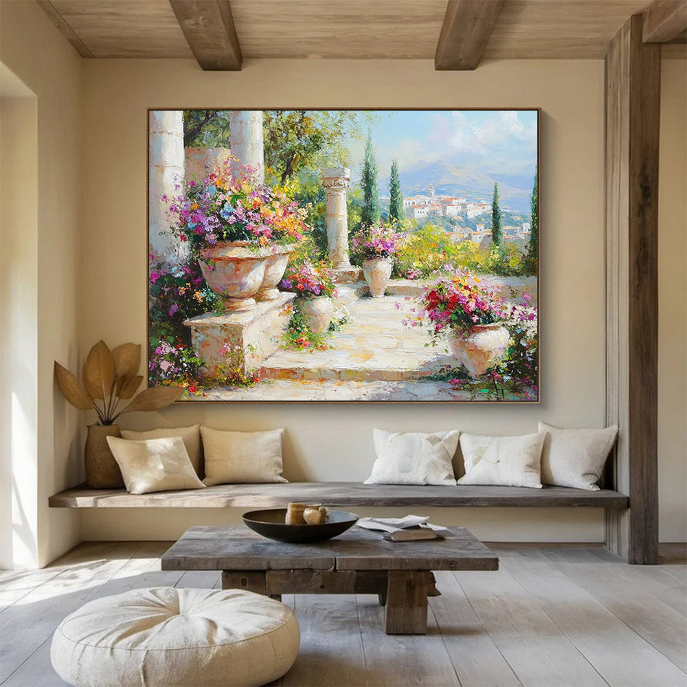 A large abstract painting featuring a vibrant garden with flowers, ancient Greek city background, and soft pastel colors in a hyper-realistic style.SC467