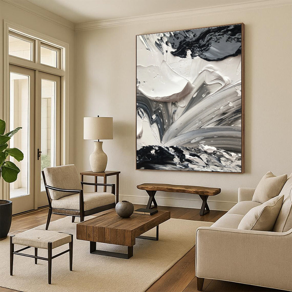 Black and White Impasto Abstract Painting with Dynamic Textures ADGE440