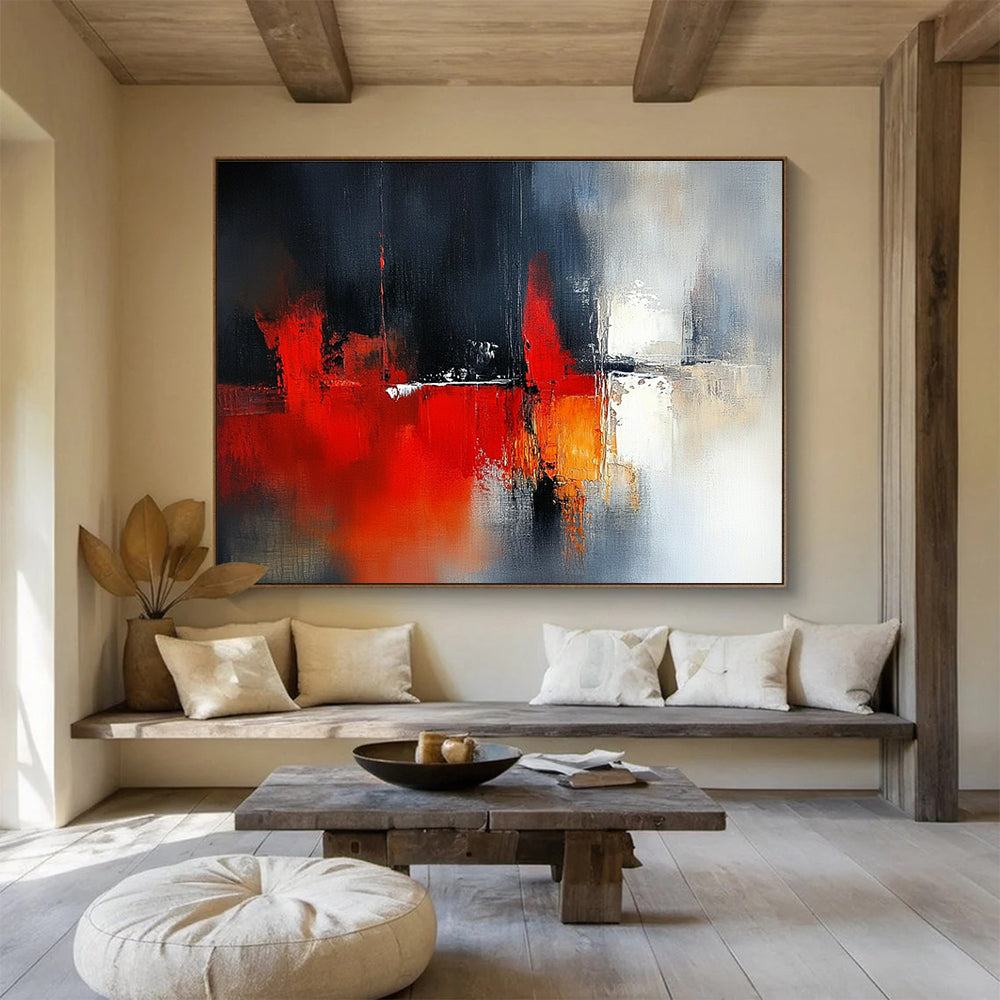 Large abstract painting featuring blurred red and white tones with dark gray background and architectural elements complemented by delicate textures and soft lighting effects.SC230