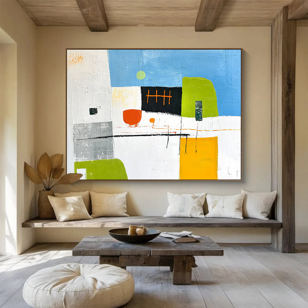 Abstract modern painting featuring architectural elements in green and yellow accents with orange lines grey buildings and a blue sky on a white background.SC099