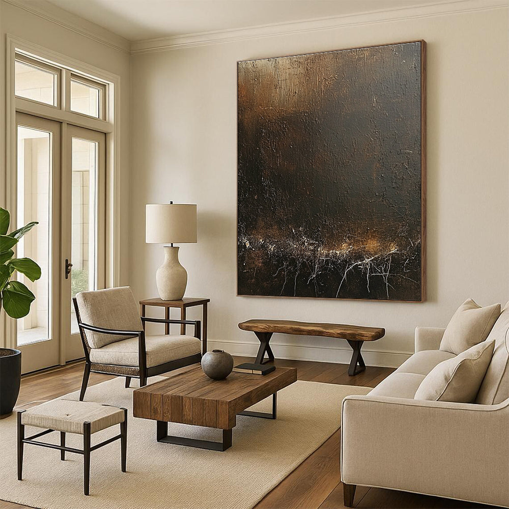 Large Abstract Artwork Featuring Dark Brown Canvas With Textured White Cracks And Soft Warm Lighting Perfect For Creating An Atmosphere Of Timeless Mystery.STSC1429