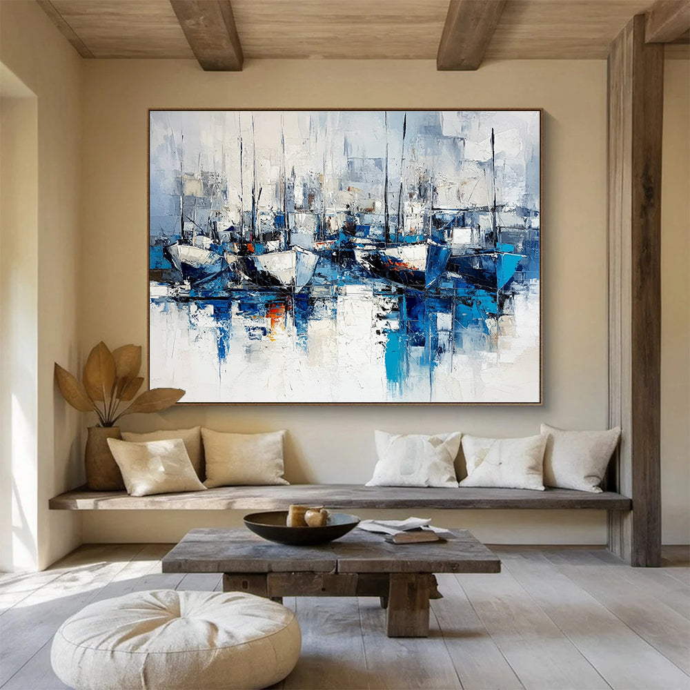 Large abstract painting featuring blue and white hues on a white background capturing chaotic ships and docks in a cool mysterious atmosphere.SC030