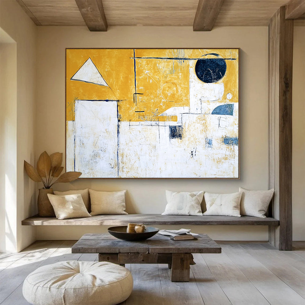 Geometric Abstract Painting with Yellow White and Blue Tones DYP550