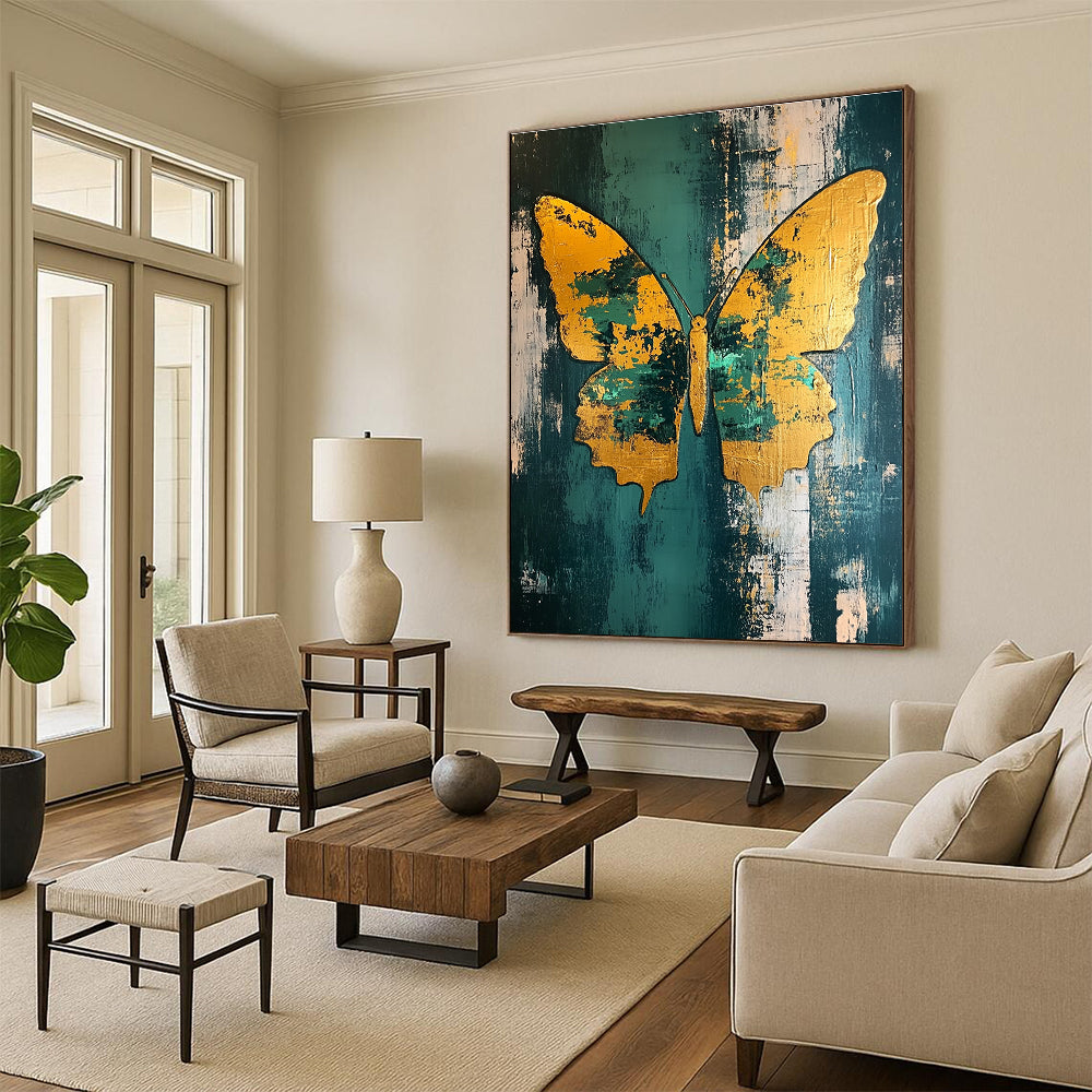 Large abstract painting of a butterfly featuring gold leaf accents in teal and green on a distressed background.STSC280