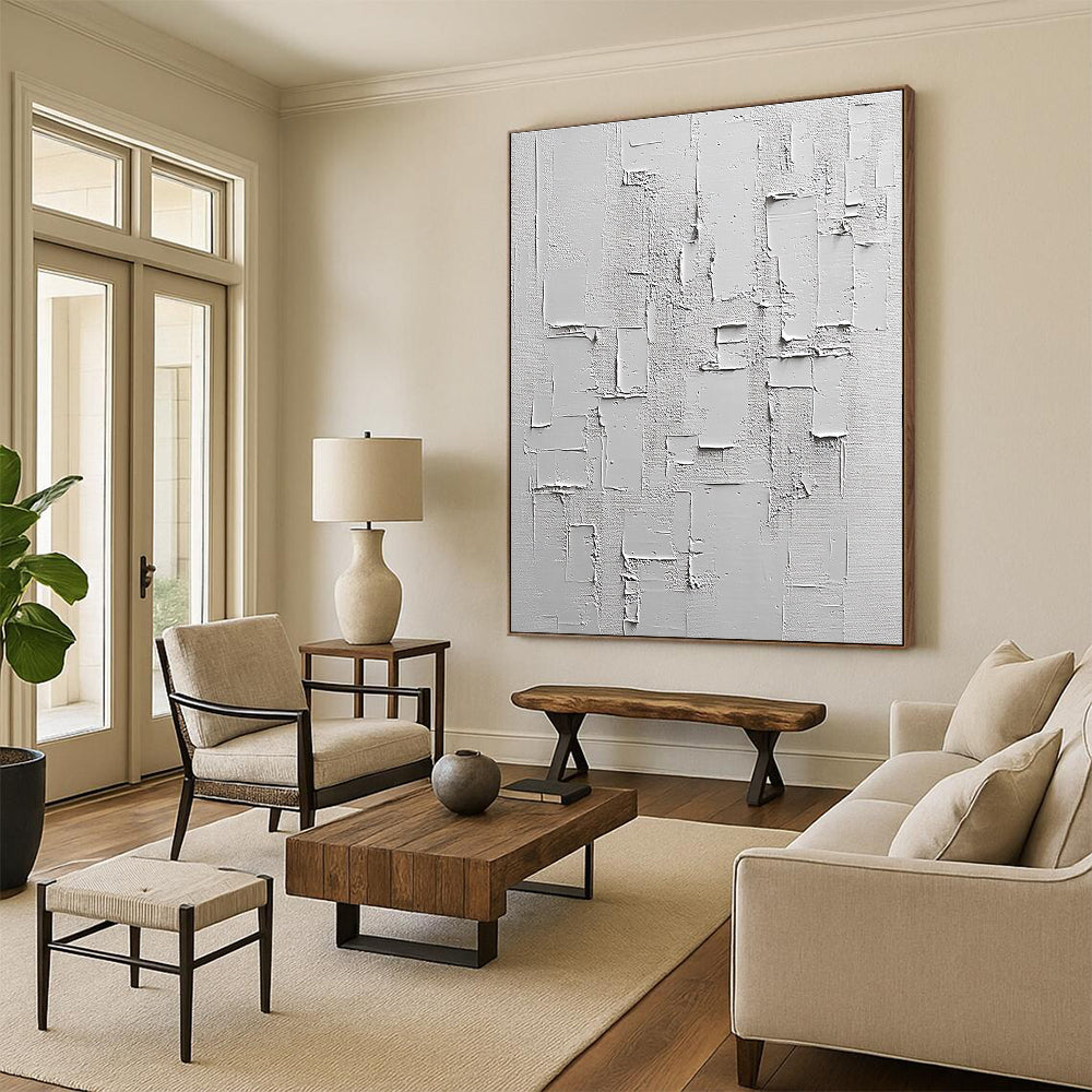 White Textured Abstract Painting with Rectangular Forms GER063