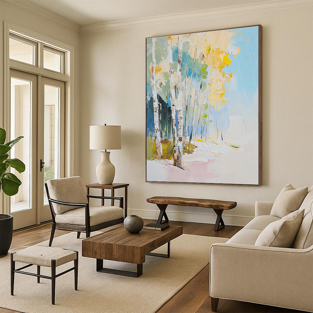 Large abstract oil painting of birch trees with a light blue sky white yellow leaves and white snow featuring impasto brushstrokes.STSC180