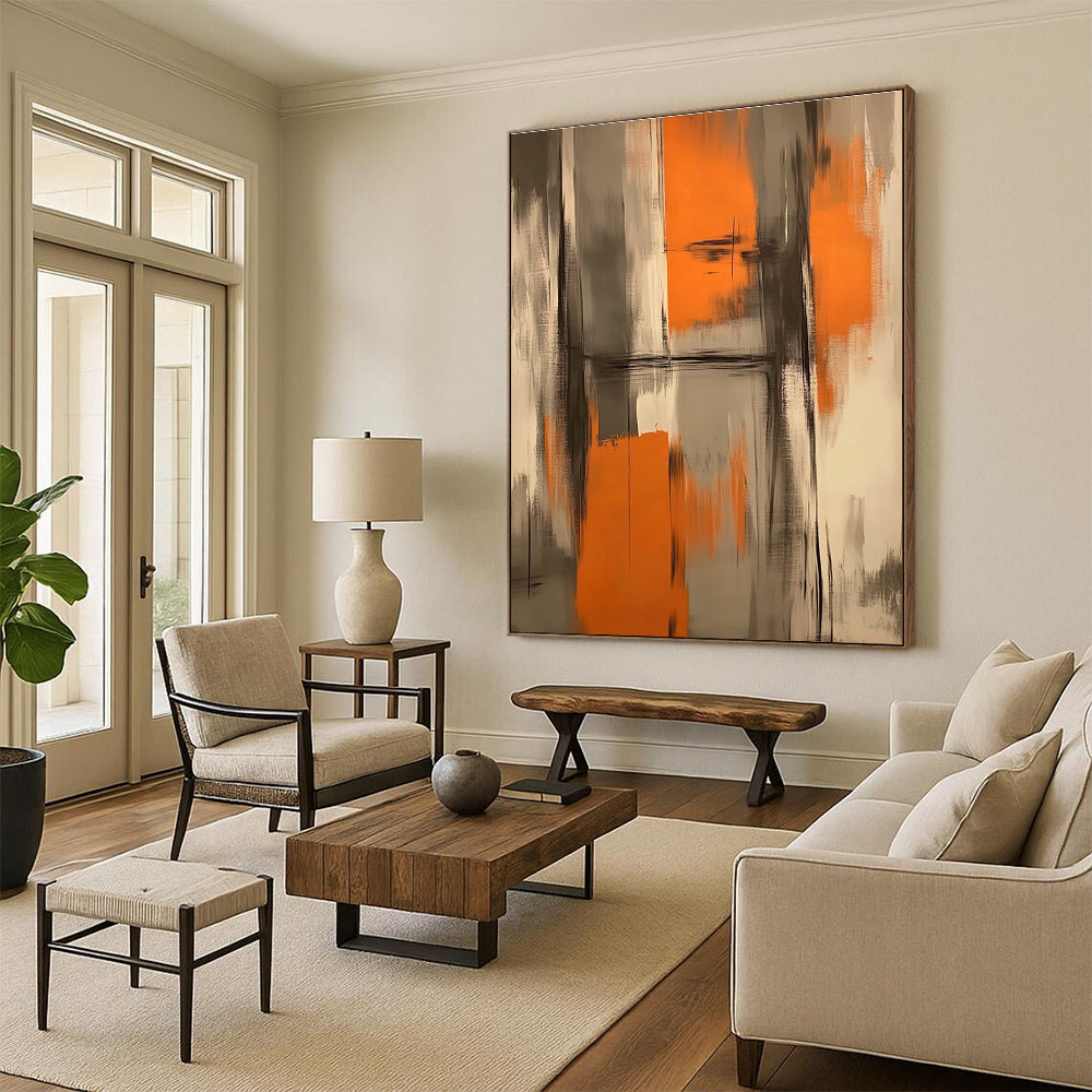 Large abstract painting featuring orange and gray brush strokes creating an atmospheric background perfect for a furniture exhibition inspired by Chinese aesthetics.STSC782
