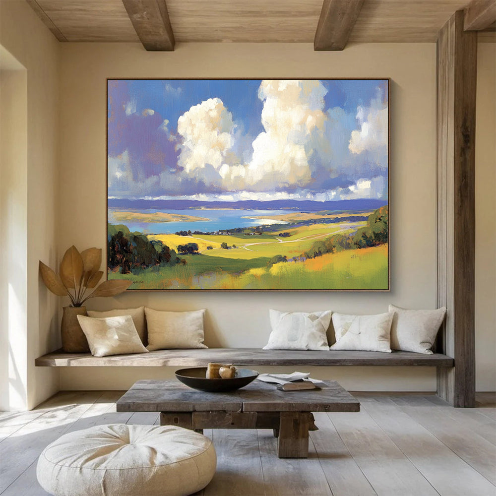 Scenic Landscape View Abstract Painting with Blue Green and Yellow Tones DYP581