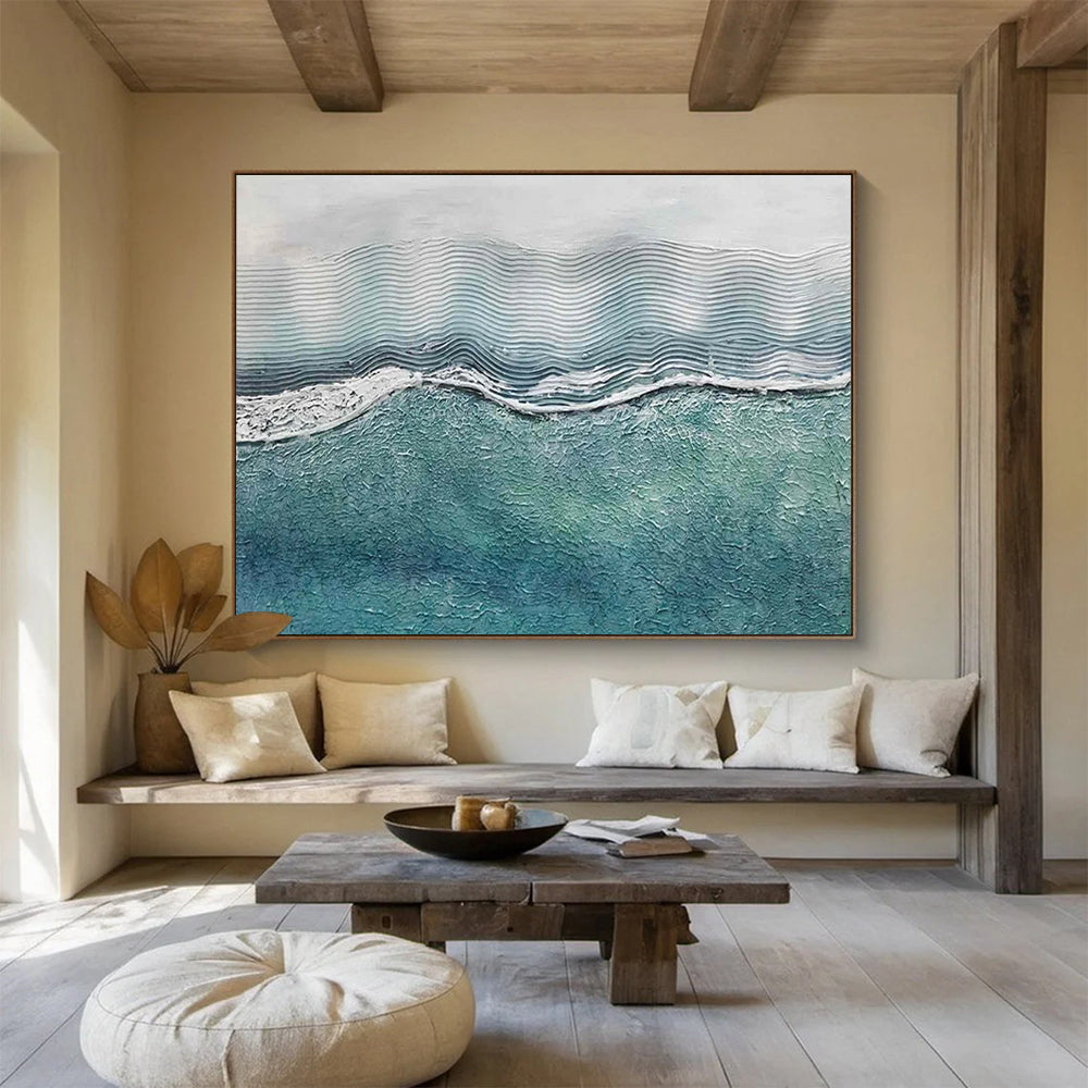 Wavy Sea Texture Abstract Painting with Blue and White Tones THY278