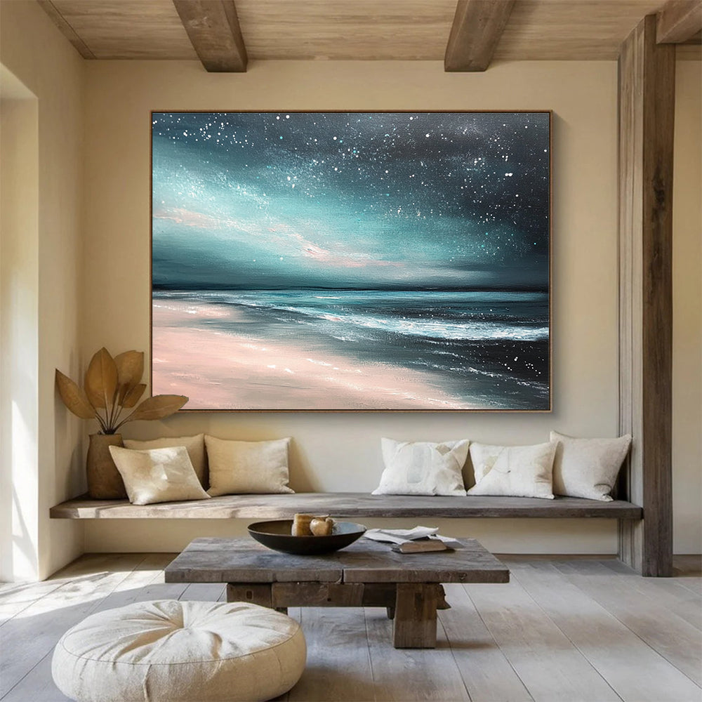 An abstract painting featuring a light teal and dark gray sky with stars, capturing a serene nighttime beach atmosphere.SC398