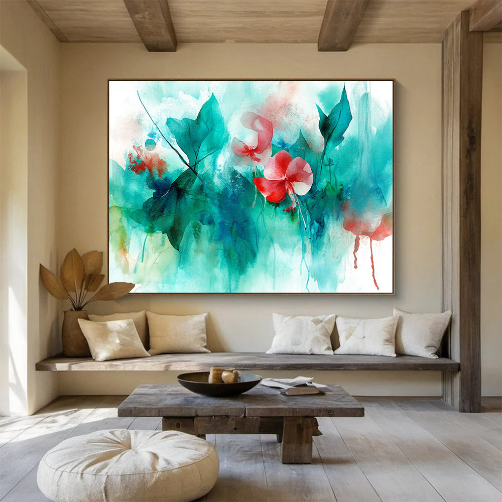 Large abstract watercolor painting featuring leaves flowers and jellyfish in teal aqua red green colors perfect for enhancing any spaceSC287