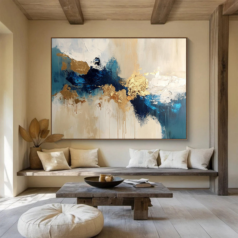 Blue Gold and Beige Abstract Painting with Dynamic Compositions DYP185