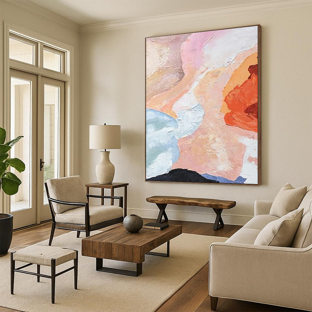 Soft Pink and Orange Abstract Painting with Textured Brushstrokes ADGE275