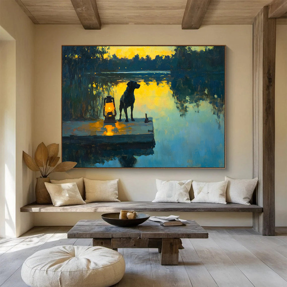 Dog by the Lake at Sunset Realistic - Abstract Painting with Warm Yellows DYP591