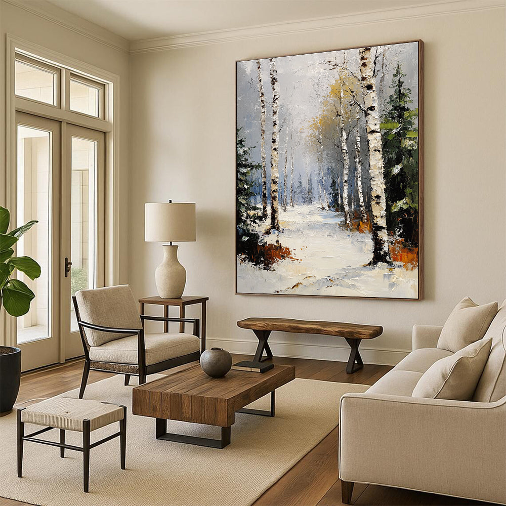 Abstract painting of a winter birch forest with pines under a grey sky and snowfall featuring thick impasto brush strokes.STSC1381