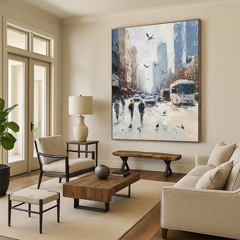 Vibrant abstract painting depicting a bustling city street with people cars and tall buildings in soft pastel colors and impressionist style.STSC930