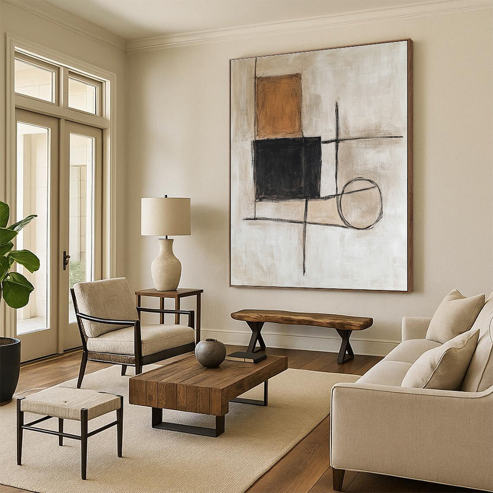 Brown Black and Beige Abstract Painting with Mixed Geometric Shapes GER183
