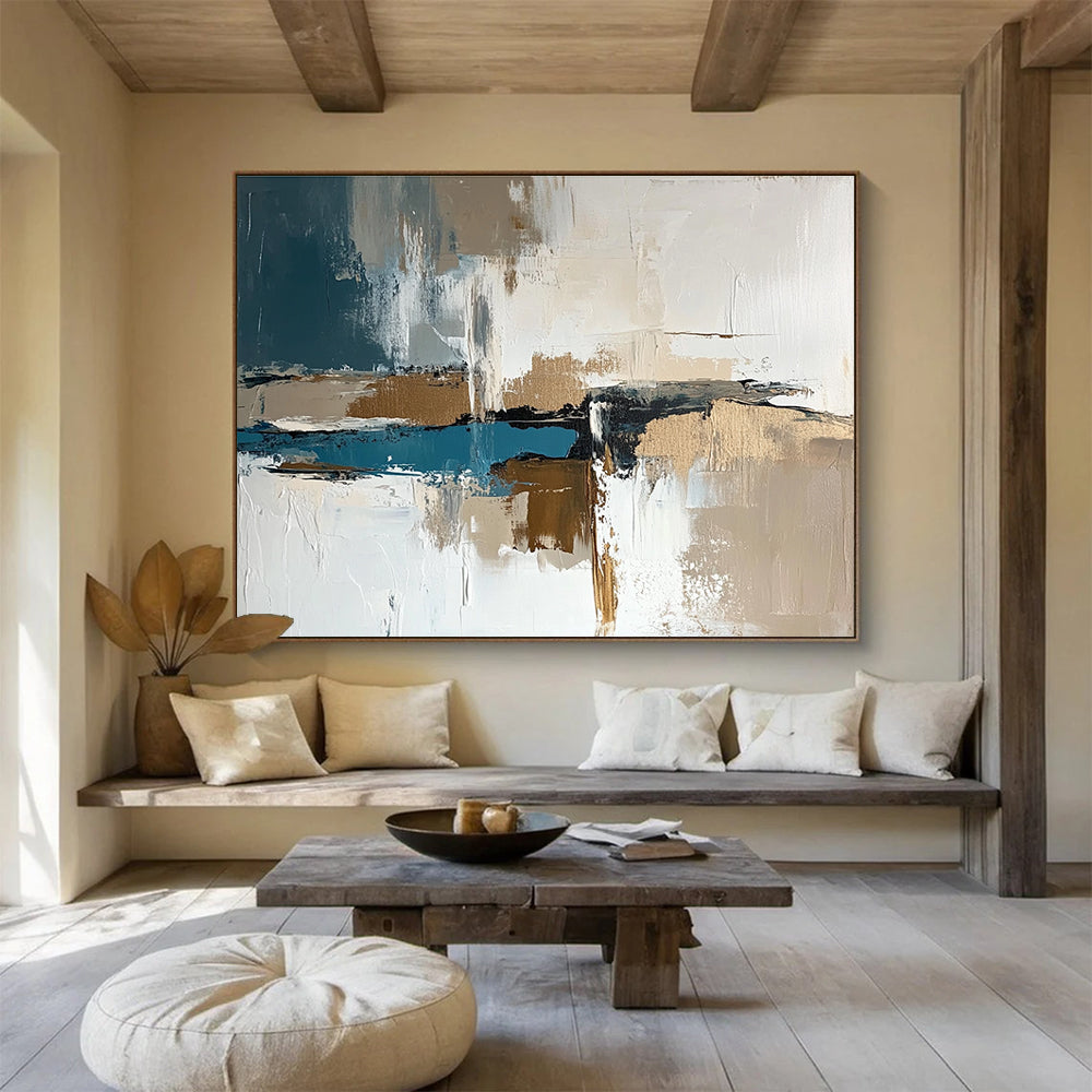 Large abstract painting in white and brown with teal accents featuring thick brush strokes and neutral tones perfect for modern decor.SC313