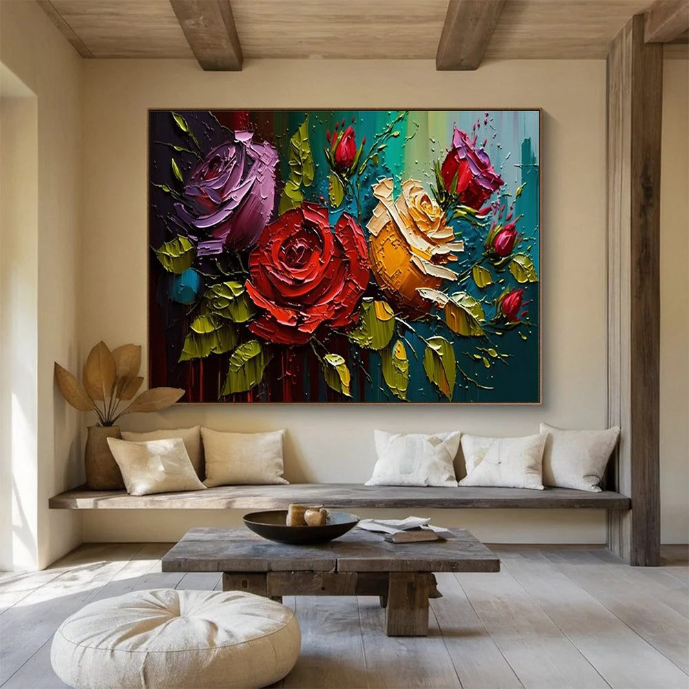 Textured Rose Bouquet Abstract Painting with Rich Color Palette THY303