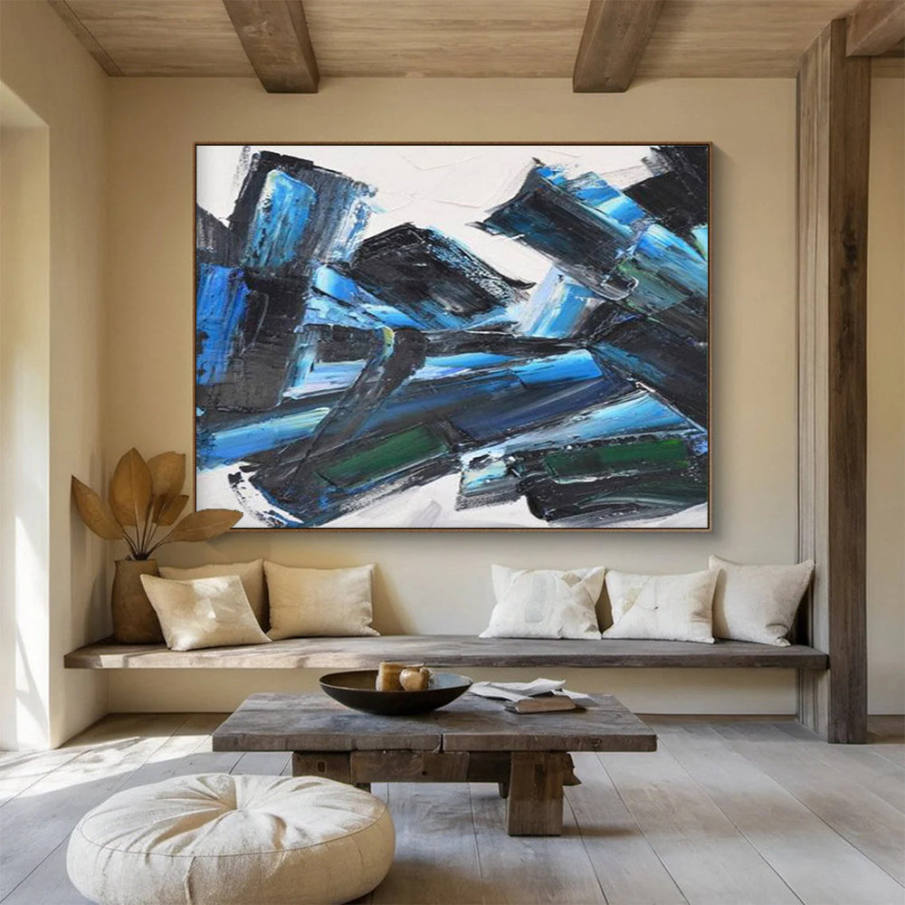 Blue - Black Abstract Blocks Painting with Deep and Vibrant Tones THY284