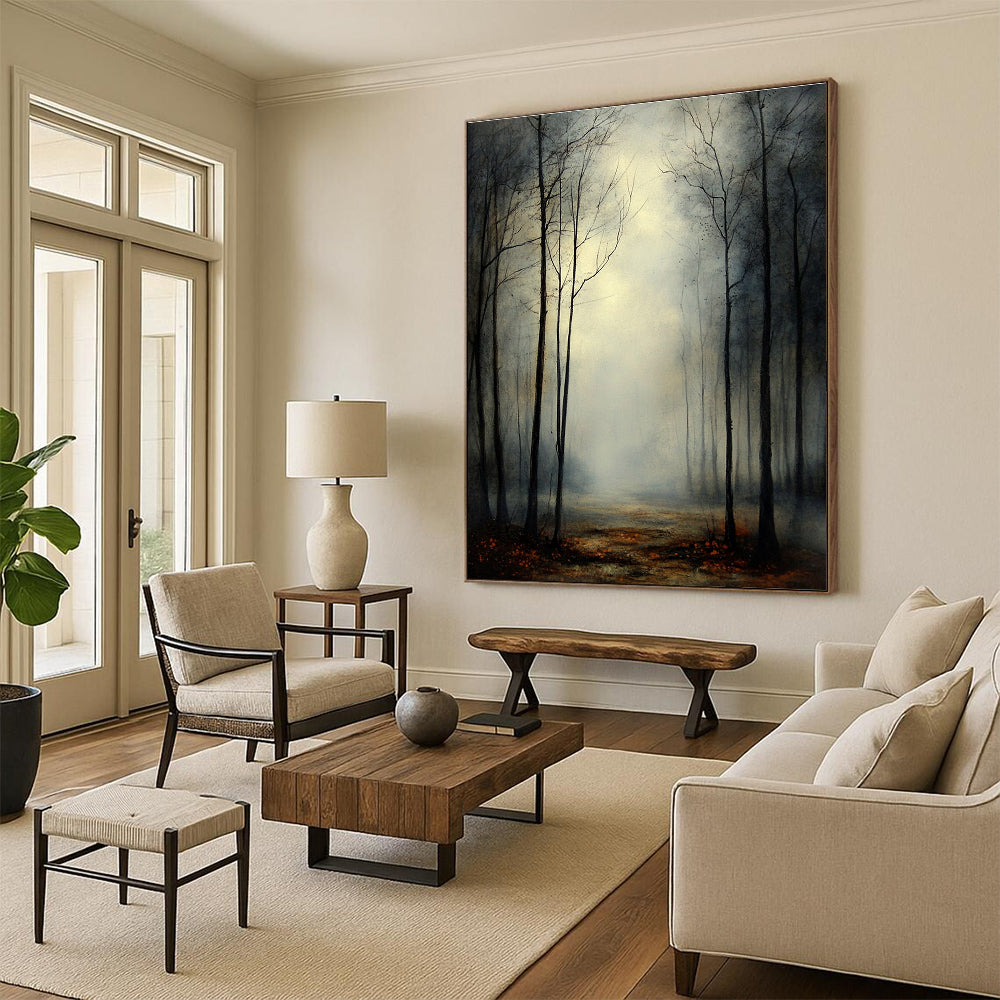 Abstract painting of a misty forest at twilight with eerie silhouettes of leafless trees under an overcast sky evoking dread and contemplation.STSC1099
