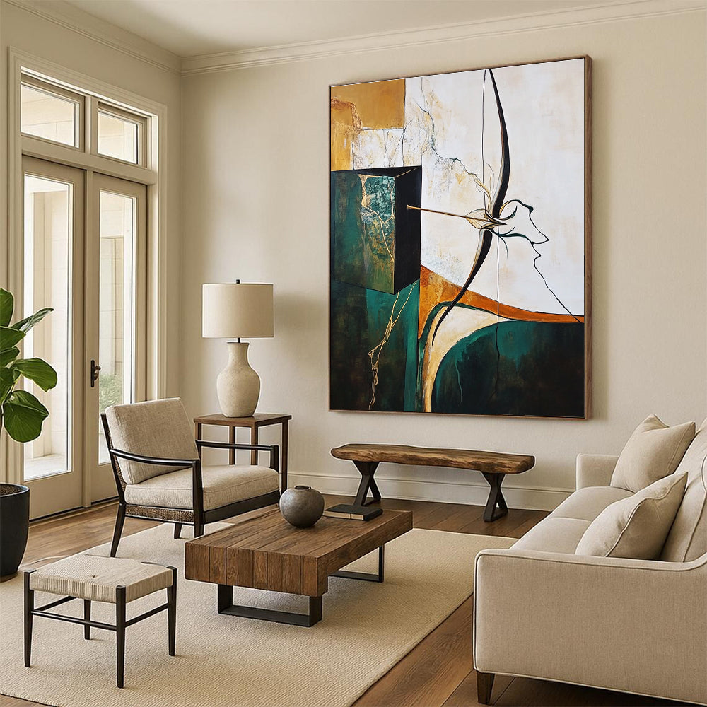 A large abstract painting featuring an archer's bow and arrow with surreal elements in earthy tones and soft pastels, emphasizing depth and texture.STSC637