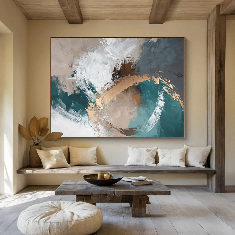 Teal and Gold Abstract Painting with Swirling Textures DYP402