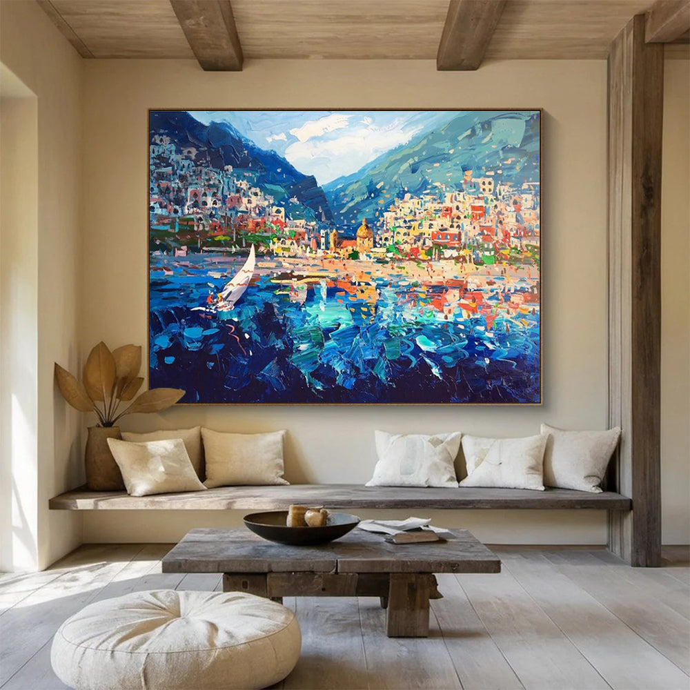 Coastal Town with Sailboat Abstract Painting THY439