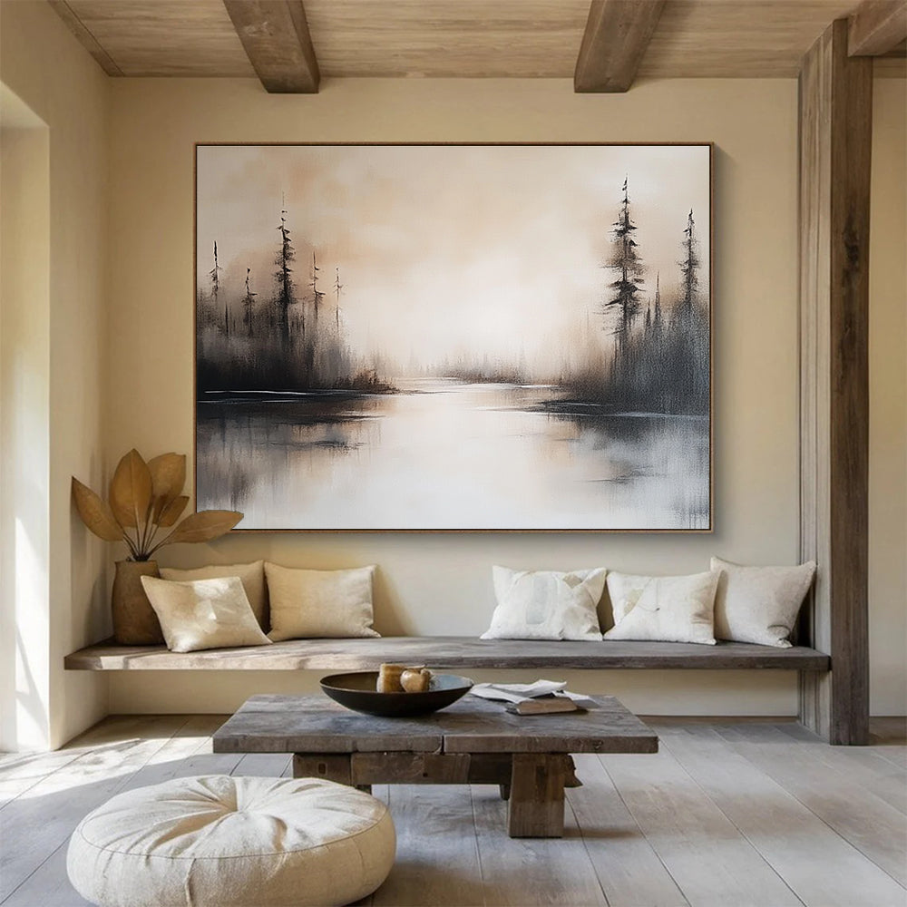 Abstract painting featuring a serene lake landscape in neutral tones with soft brush strokes and misty water reflections capturing a peaceful setting.SC052