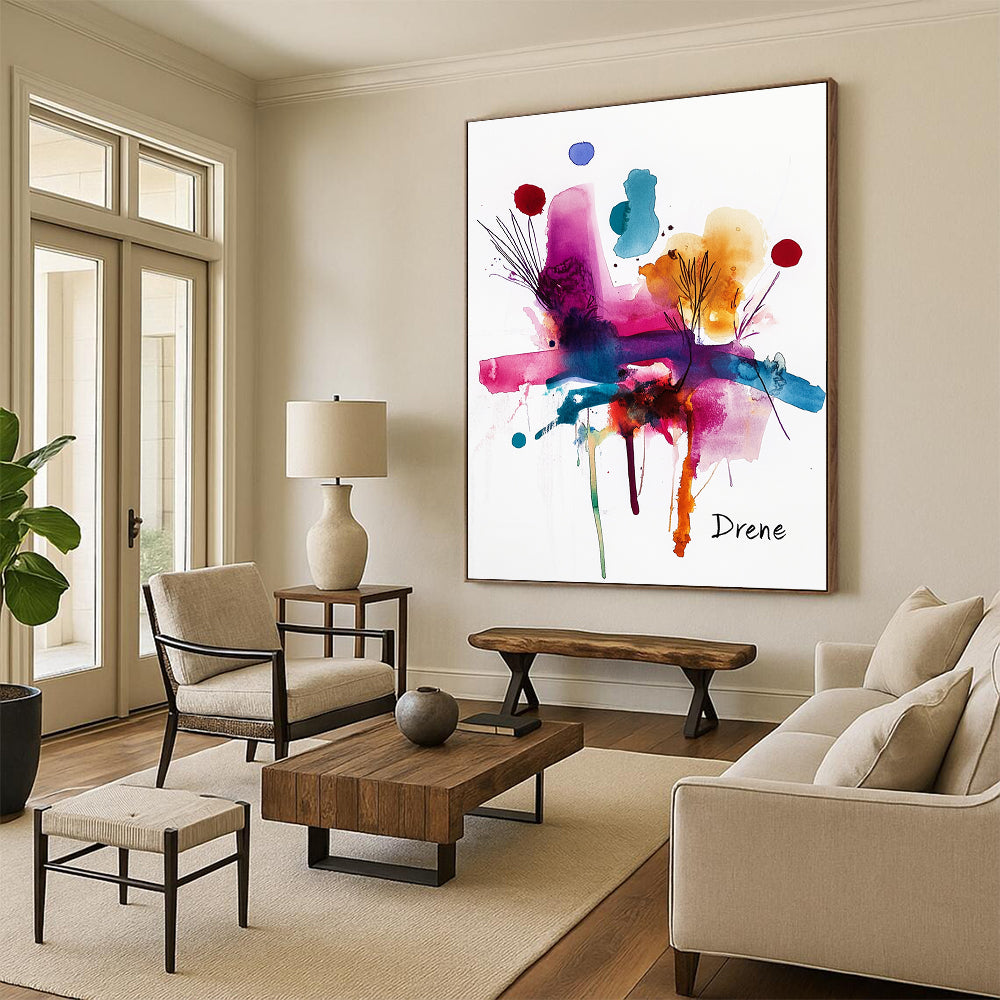 Large abstract watercolor painting featuring vibrant colors and shapes with the word Drene in black ink at the bottom right corner.STSC500