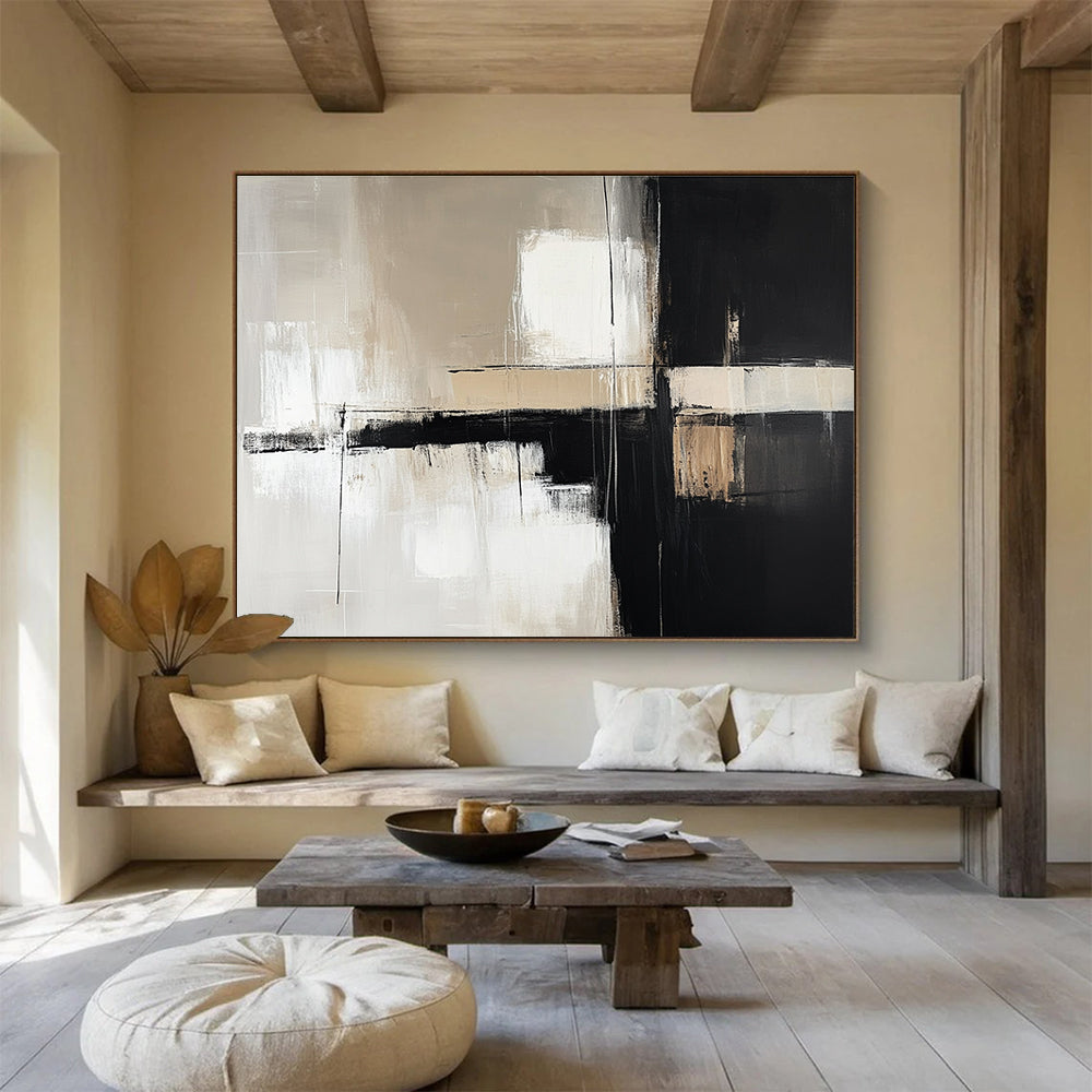 Monochrome Geometry Abstract Painting with Contrasting Blocks DYP388