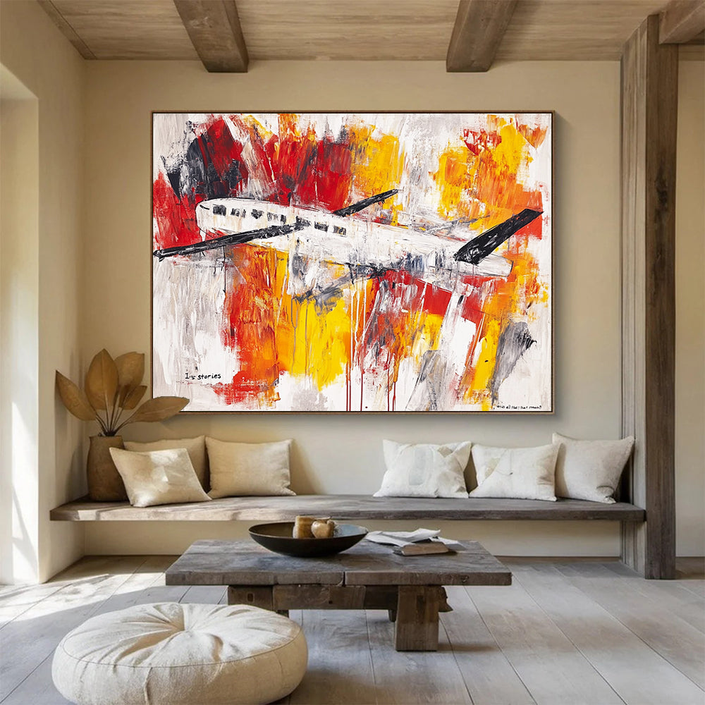 A large abstract painting featuring an airplane and a clothesline in vibrant brush strokes and washes of red, yellow, orange, grey, and silver on a white background.SC333