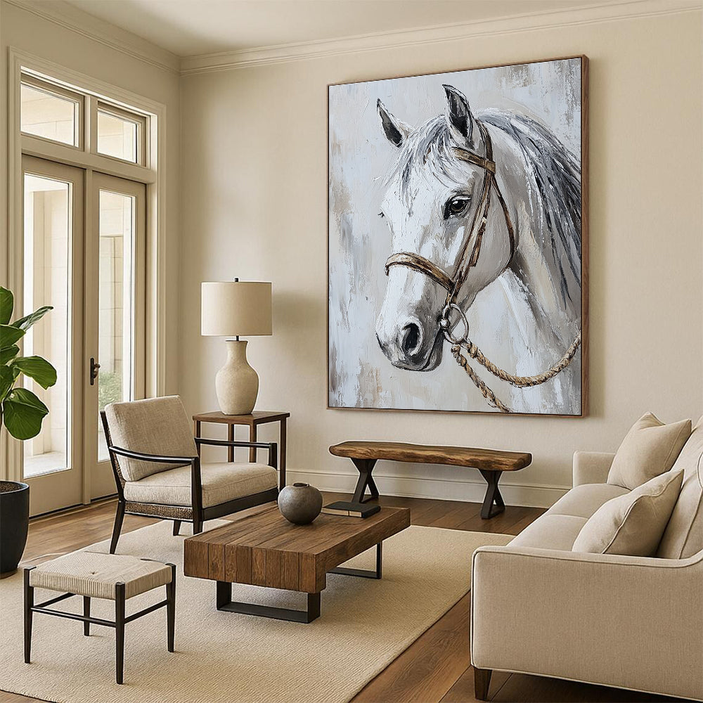 Abstract painting of a white horse's head capturing elegance with flowing grey mane and detailed halter in a luxurious light and shadow composition.STSC959