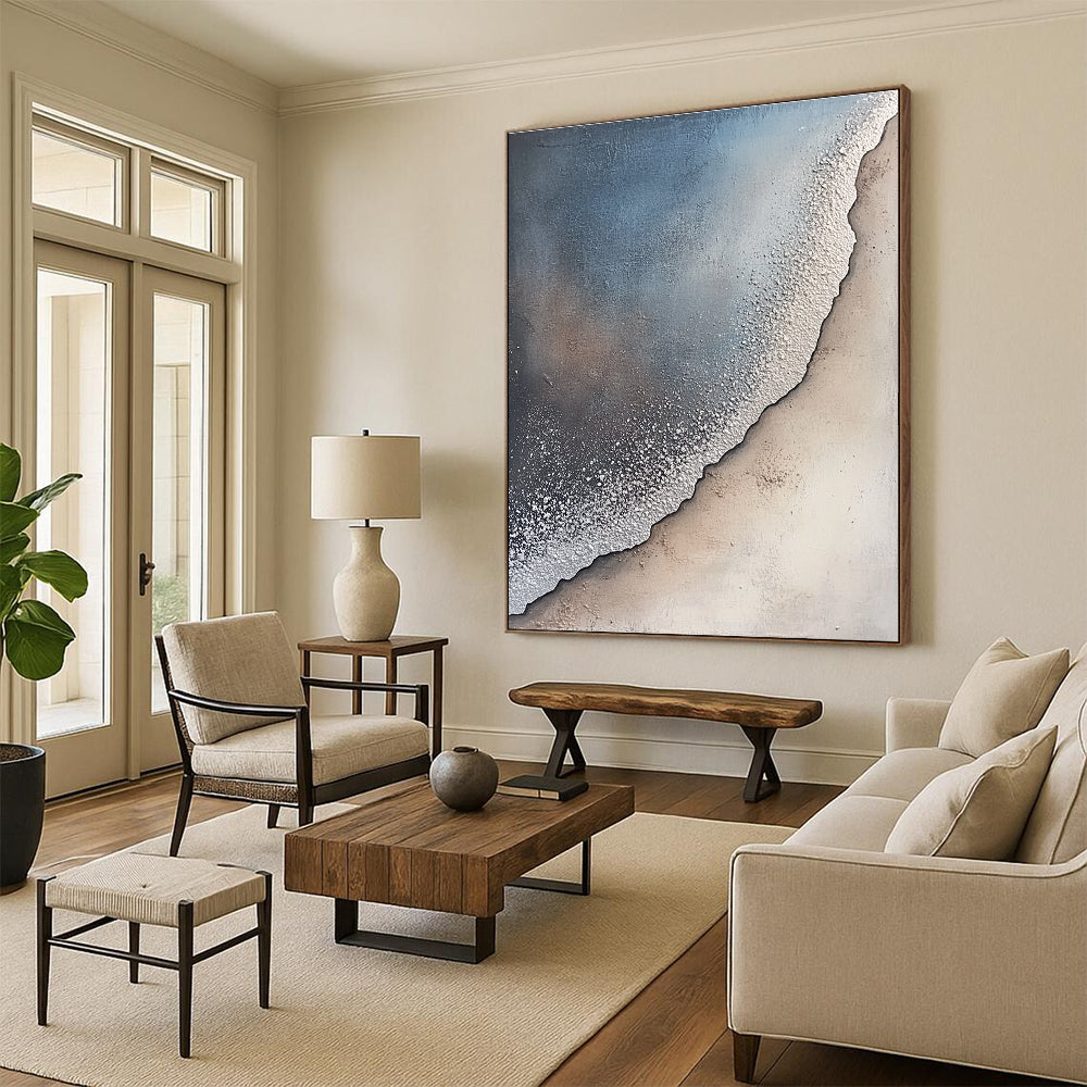 Large abstract painting of a sandy shore with gray and white textures silver dust fog creating a serene atmosphere with nature blending harmoniously.STSC256