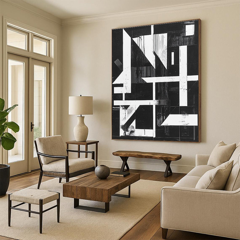 Black and White Geometric Abstract Painting with Architectural Forms GER145