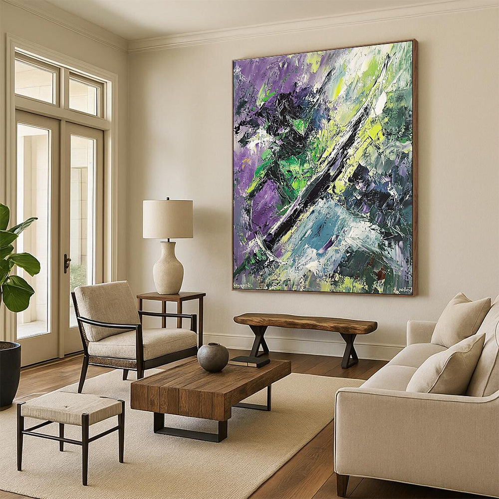 Large abstract painting of the Green Knight dynamic brushstrokes chaotic forms sword in hand surrounded by dark trees and rocks inspired by Expressionism.STSC881