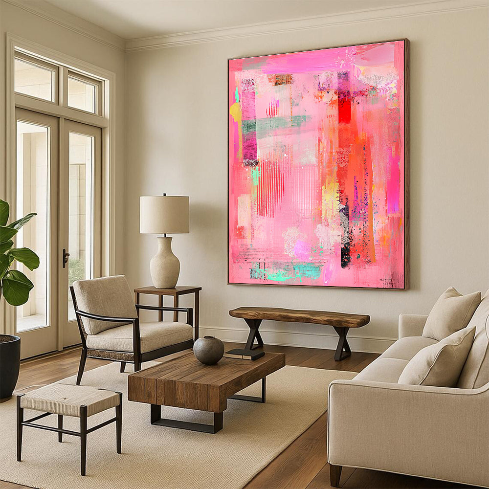 Colorful Mixed - Media Pink Abstract Art with Diverse Textures GER255