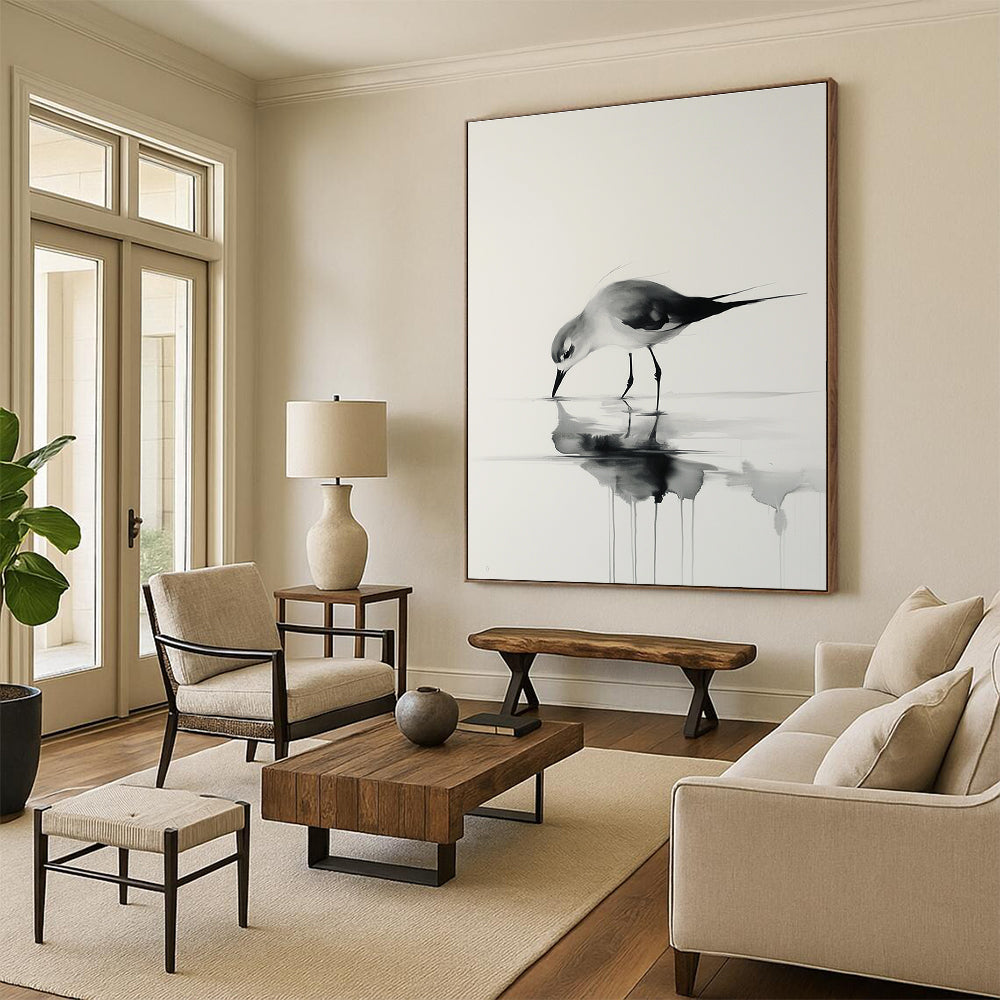 A large abstract painting featuring a bird walking on water with delicate brushstrokes in black and gray tones against a white background.STSC906