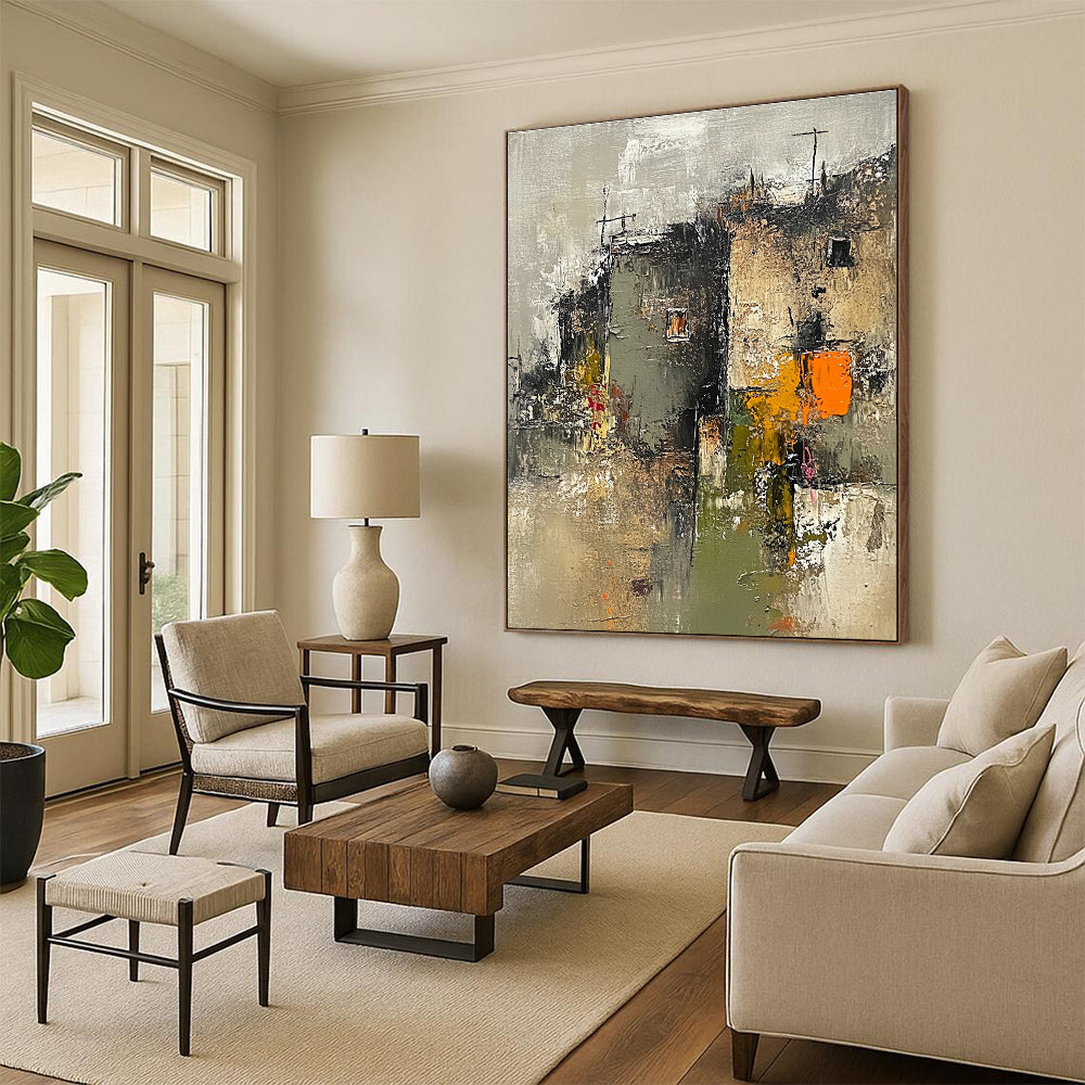 Large abstract painting of an old town with neutral grays greens beige orange and pink accents featuring loose brush strokes and a wabi-sabi aesthetic.STSC659