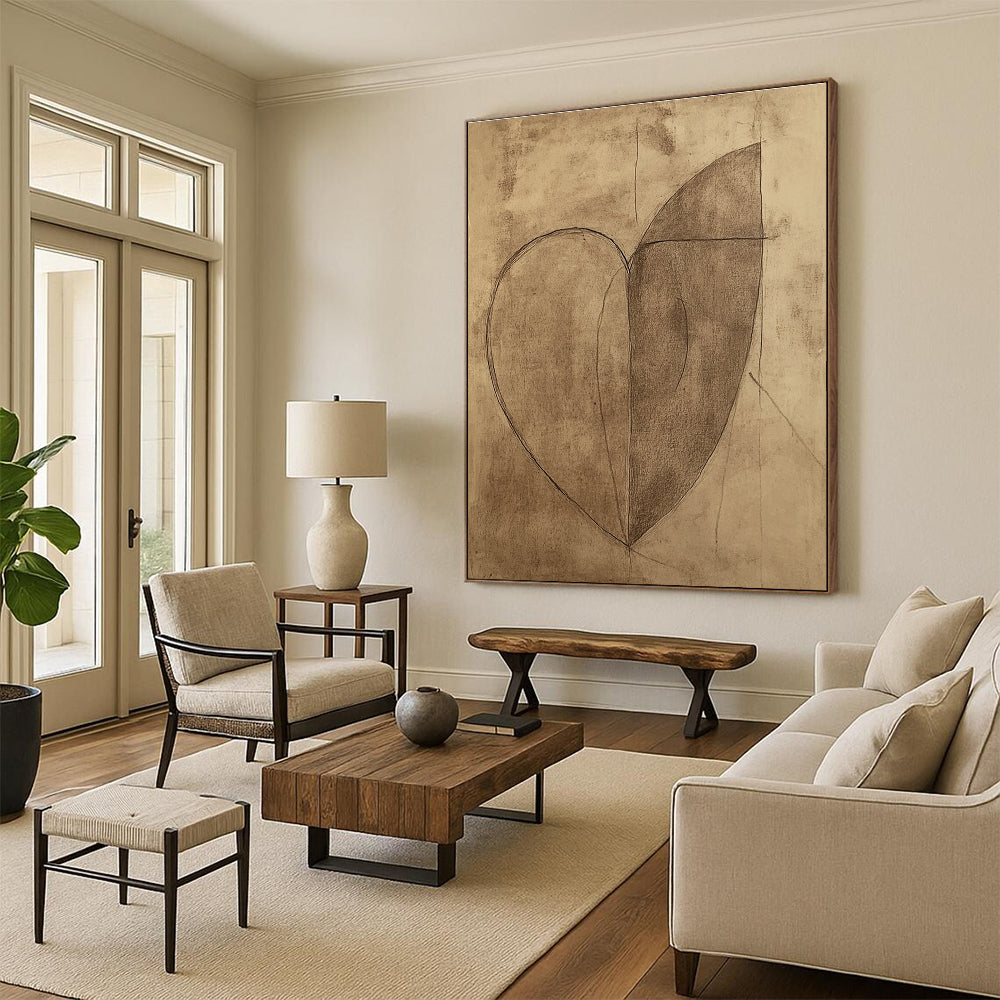 Large abstract heart drawing on brown paper featuring a continuous line shaped like a half-moon.STSC983