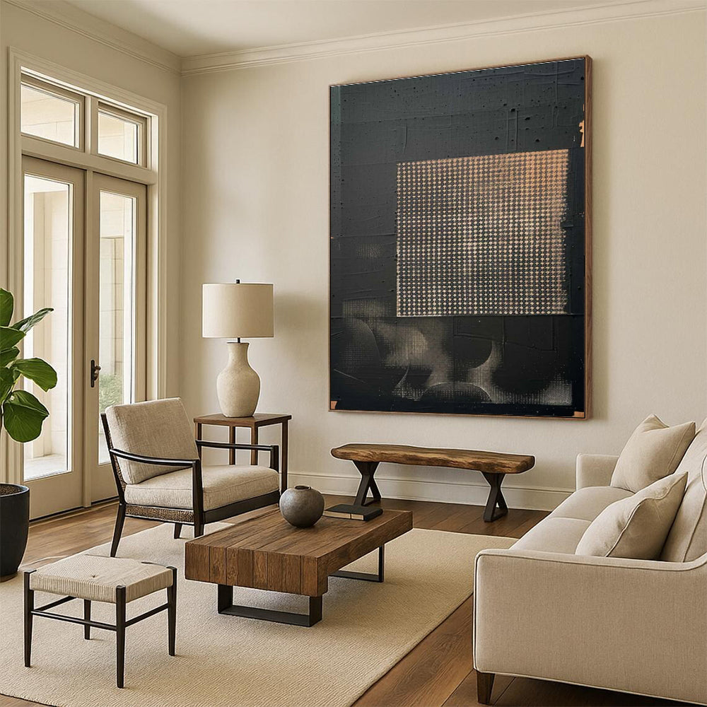 Black Abstract Painting with Grid Pattern and Beige Accents ADGE306