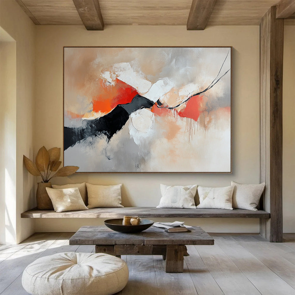 Large abstract painting featuring warm colors and soft shapes on a gray background with emotional expressions in red orange and black tones.SC265