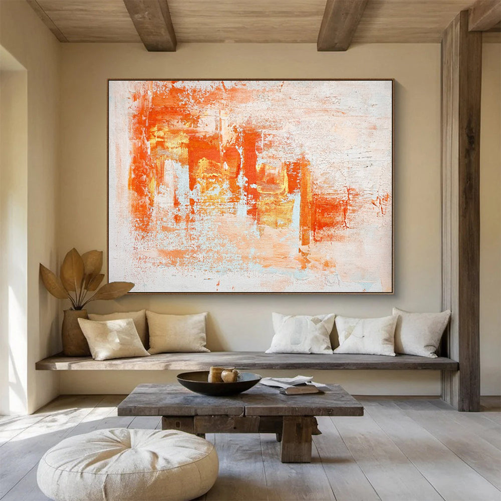 Orange White Abstract Painting with Warm, Energetic Brushstrokes THY377