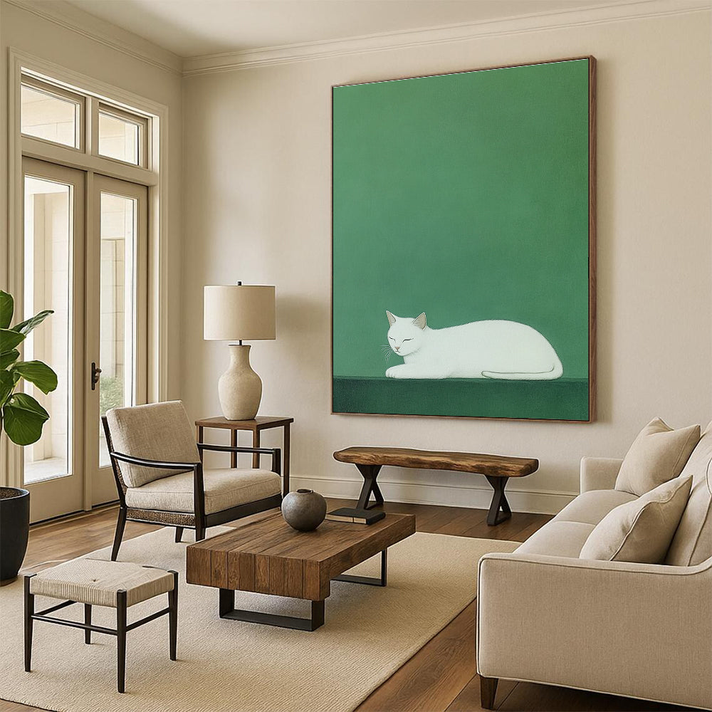 A large abstract painting featuring a white cat on a vibrant green background inspired by Euan Uglow and Atey Ghailan's styles.STSC1473